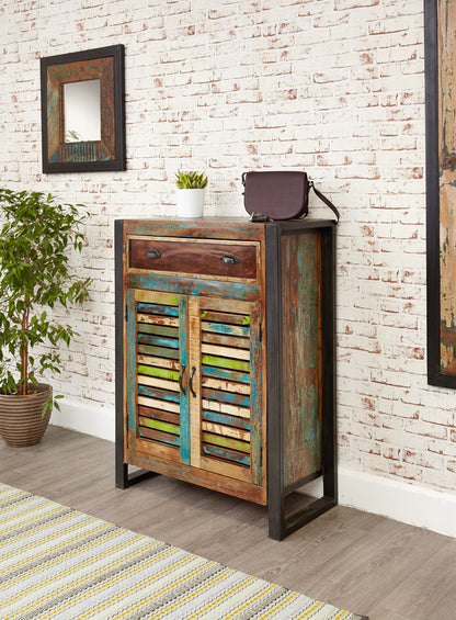 Shoe Storage Cupboard (with drawer) :  shoe storage cupboard / cabinet with drawer. Made from reclaimed wood salvaged from old buildings in southern India. Part of the   collection, colourful furniture for stylish living.