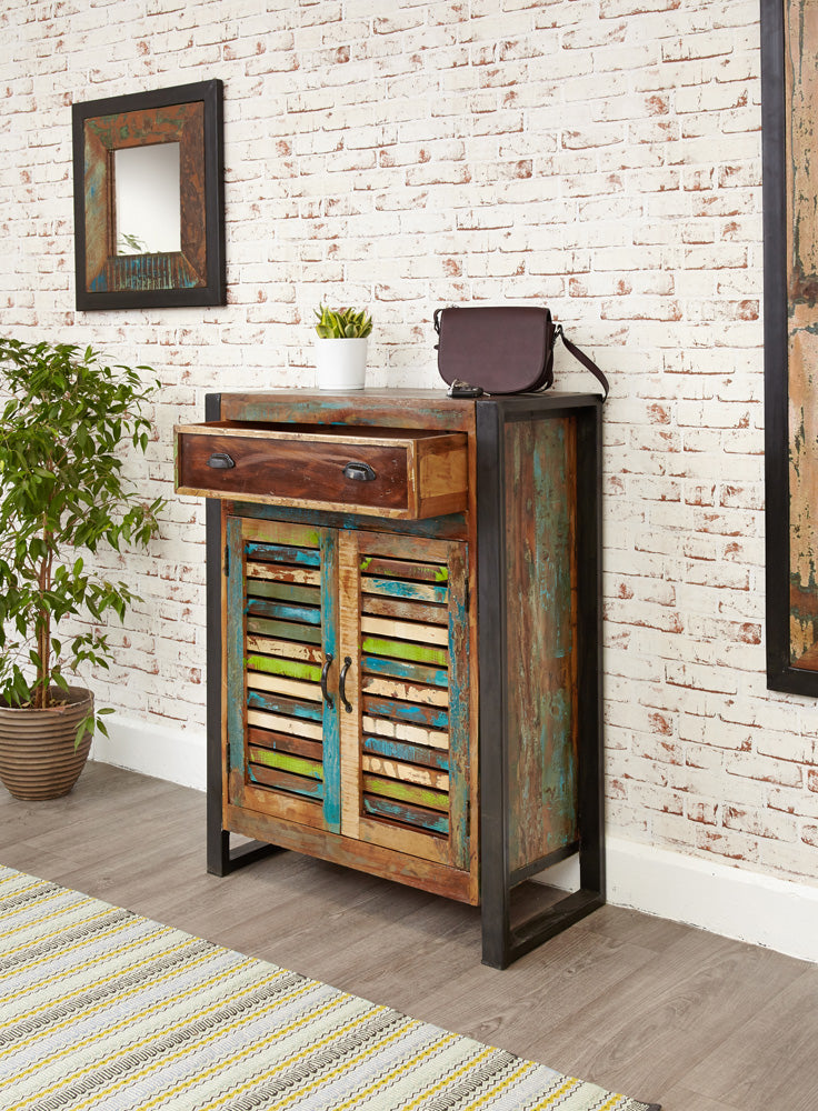 Shoe Storage Cupboard (with drawer) :  shoe storage cupboard / cabinet with drawer. Made from reclaimed wood salvaged from old buildings in southern India. Part of the   collection, colourful furniture for stylish living.