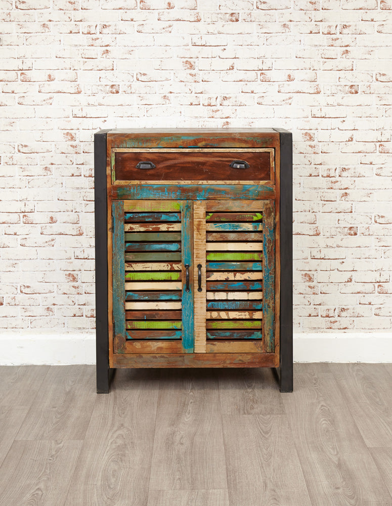 Shoe Storage Cupboard (with drawer) :  shoe storage cupboard / cabinet with drawer. Made from reclaimed wood salvaged from old buildings in southern India. Part of the   collection, colourful furniture for stylish living.