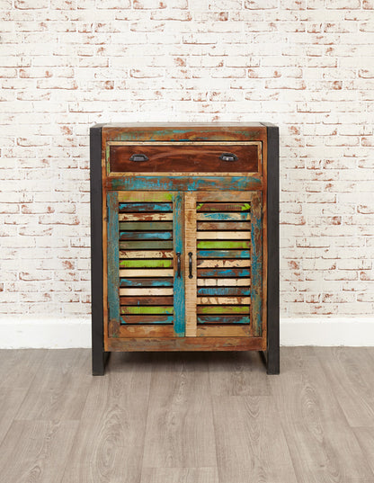 Shoe Storage Cupboard (with drawer) :  shoe storage cupboard / cabinet with drawer. Made from reclaimed wood salvaged from old buildings in southern India. Part of the   collection, colourful furniture for stylish living.