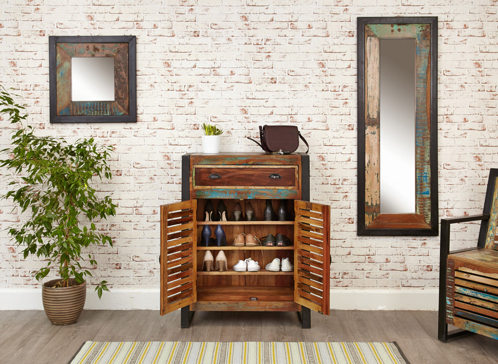 Shoe Storage Cupboard (with drawer) :  shoe storage cupboard / cabinet with drawer. Made from reclaimed wood salvaged from old buildings in southern India. Part of the   collection, colourful furniture for stylish living.