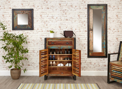 Shoe Storage Cupboard (with drawer) :  shoe storage cupboard / cabinet with drawer. Made from reclaimed wood salvaged from old buildings in southern India. Part of the   collection, colourful furniture for stylish living.