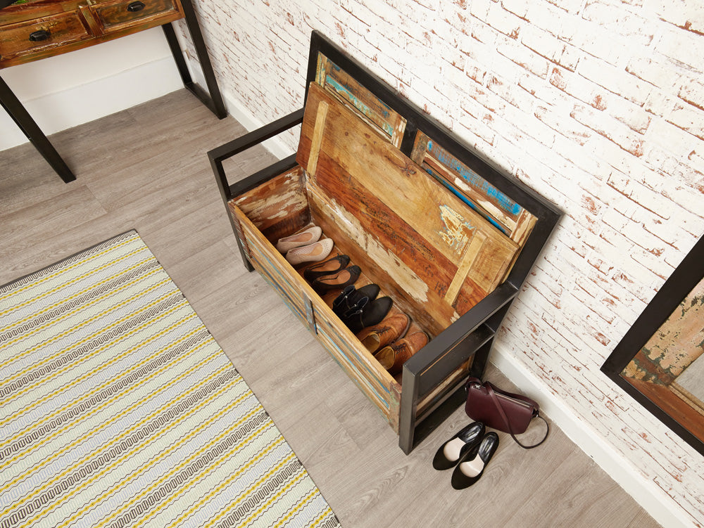 Storage Monks Bench (with shoe storage) :  storage monks bench. Made from reclaimed wood salvaged from old buildings in southern India. Part of the   collection, colourful furniture for stylish living.