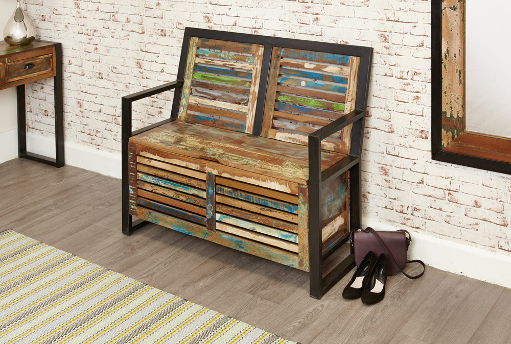 Storage Monks Bench (with shoe storage) :  storage monks bench. Made from reclaimed wood salvaged from old buildings in southern India. Part of the   collection, colourful furniture for stylish living.