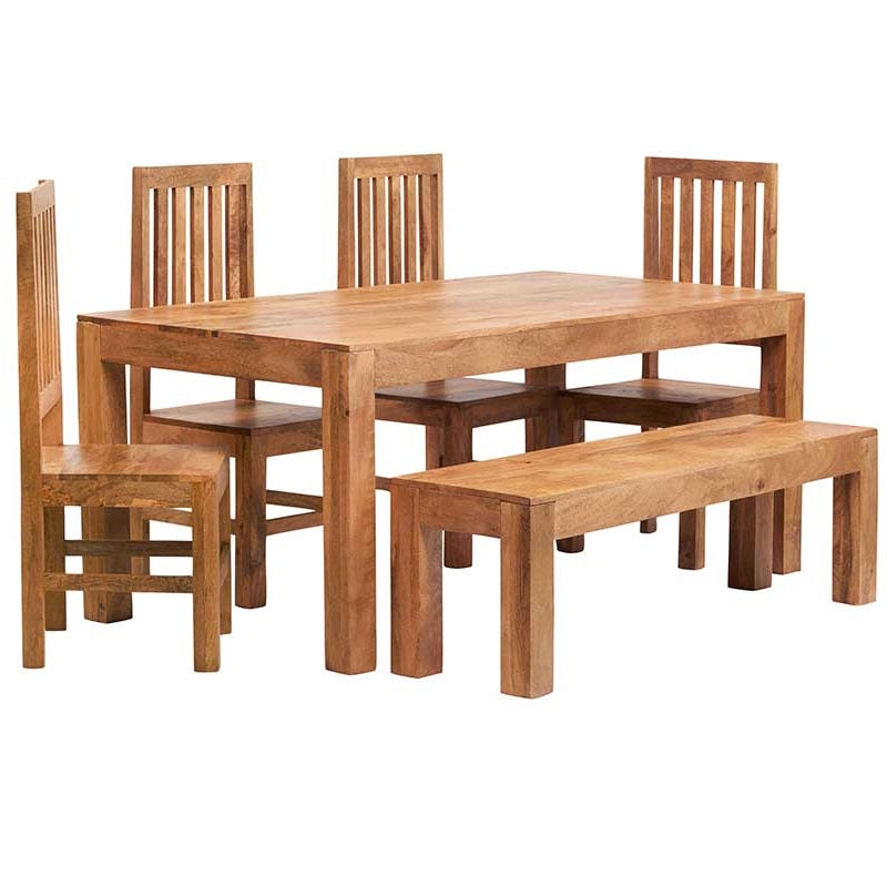 LIGHT MANGO 6FT DINING SET WITH BENCH & 4 WOODEN CHAIRS