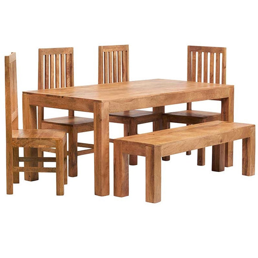 LIGHT MANGO 6FT DINING SET WITH BENCH & 4 WOODEN CHAIRS