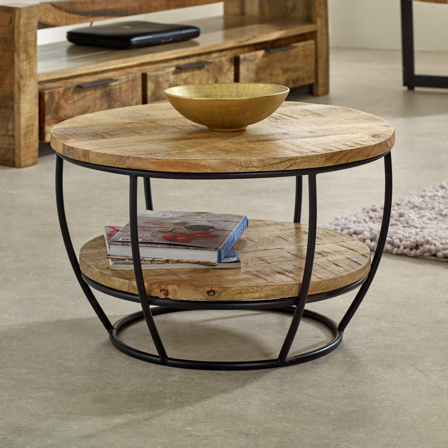 Solid Wood & Metal Coffee Table With Shelf