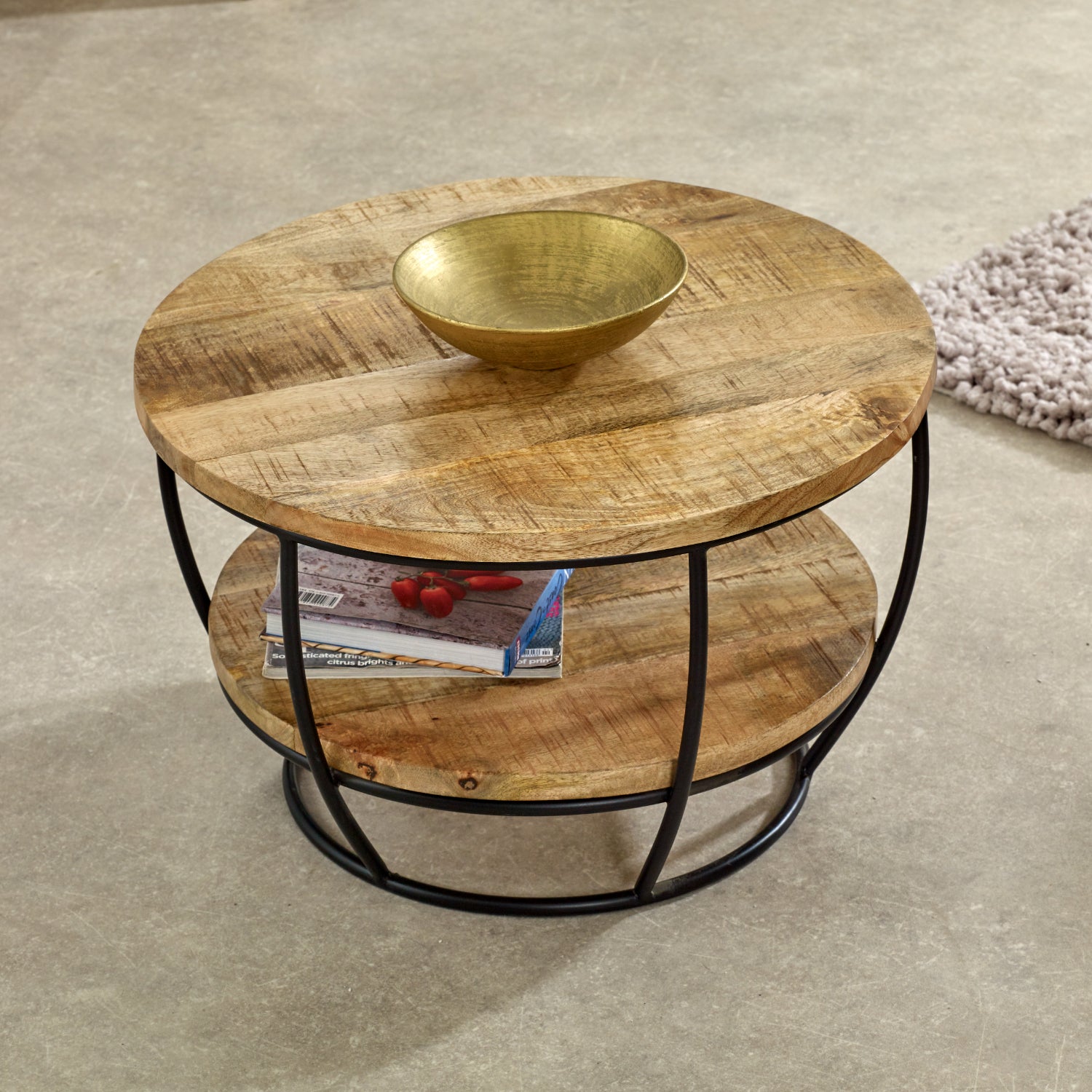 Solid Wood & Metal Coffee Table With Shelf