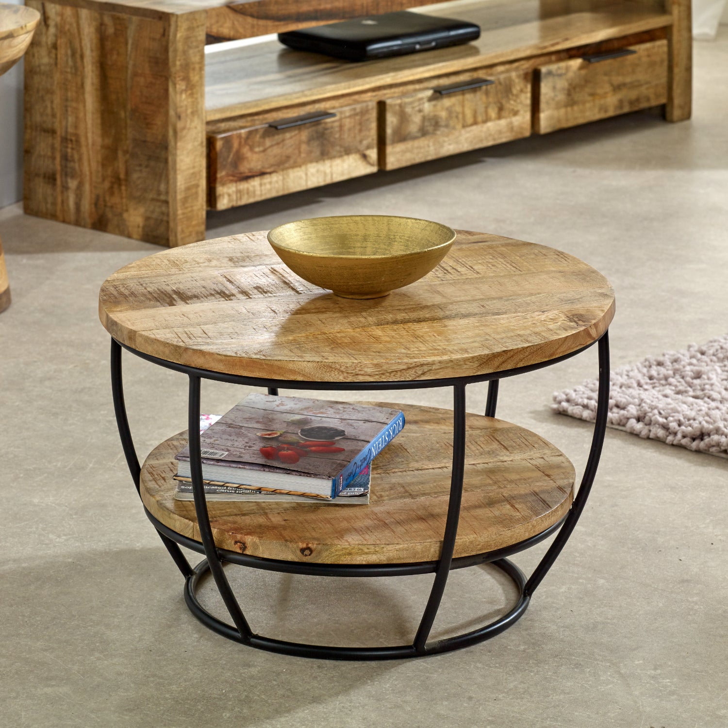 Solid Wood & Metal Coffee Table With Shelf