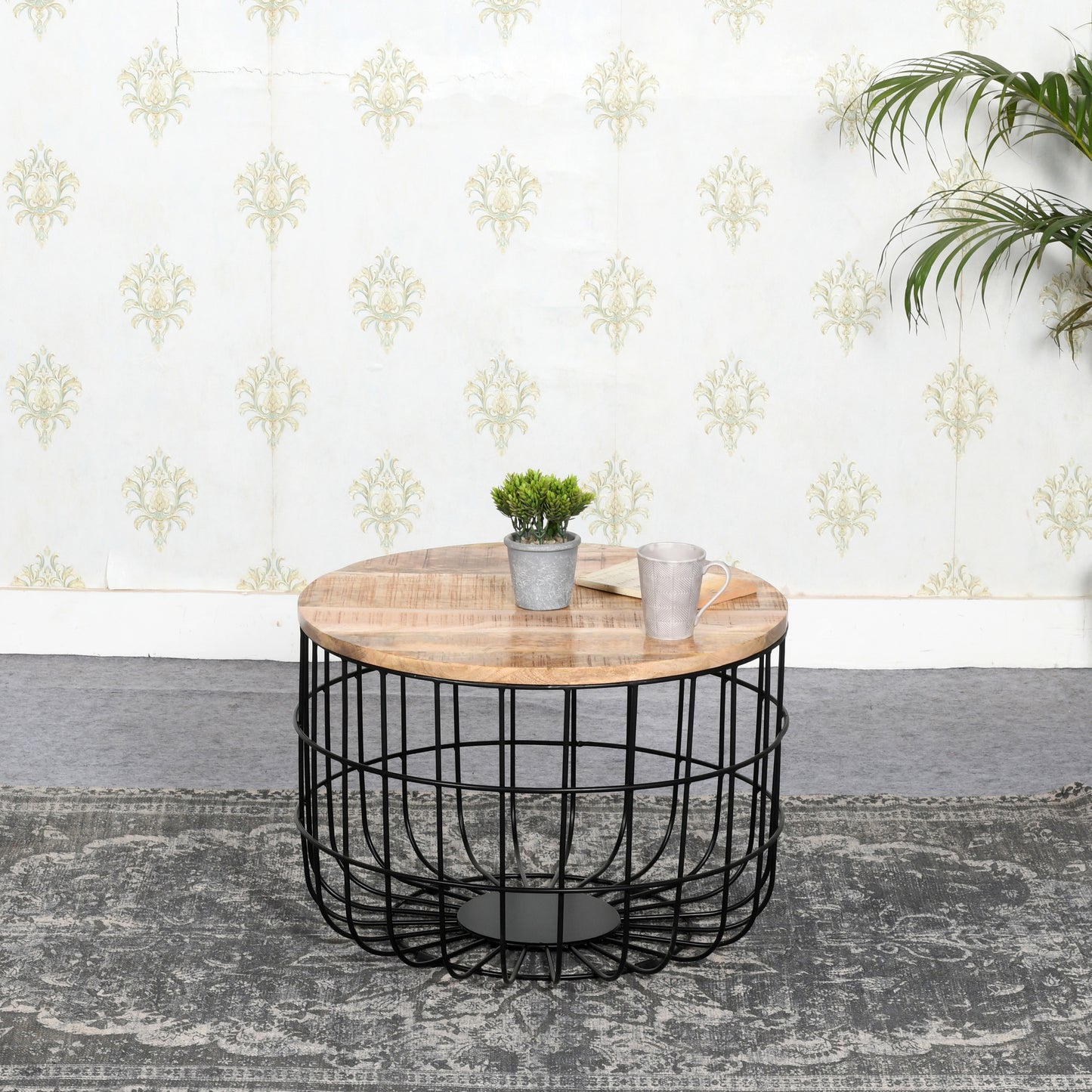 Solid Wood & Metal Wire Coffee Table
