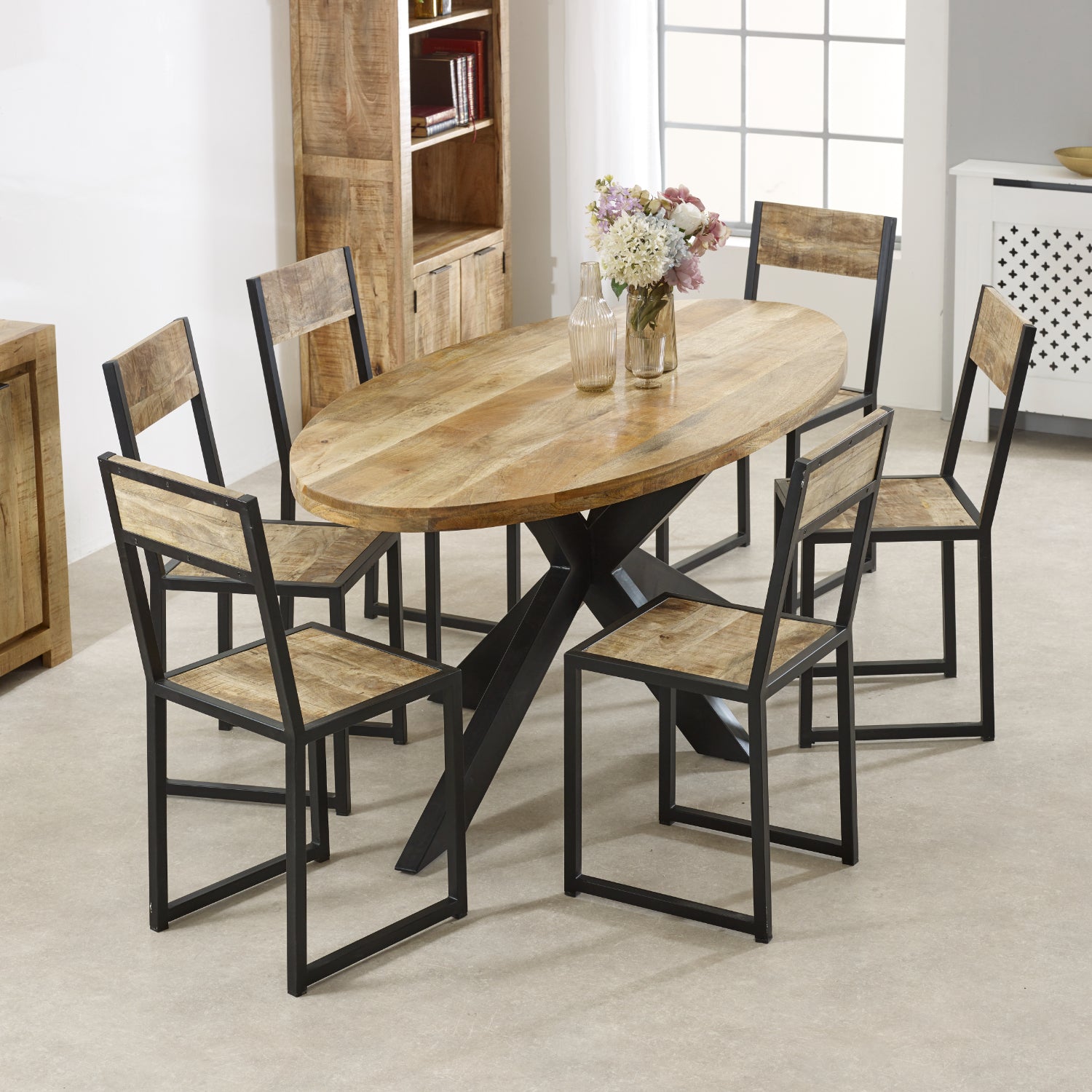 Solid Wood & Metal Oval Dining Table 6-8 Seater