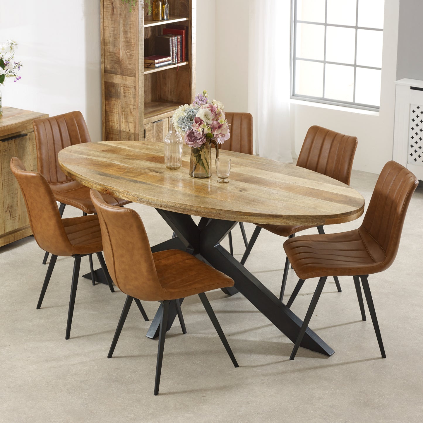 Solid Wood & Metal Oval Dining Table 6-8 Seater