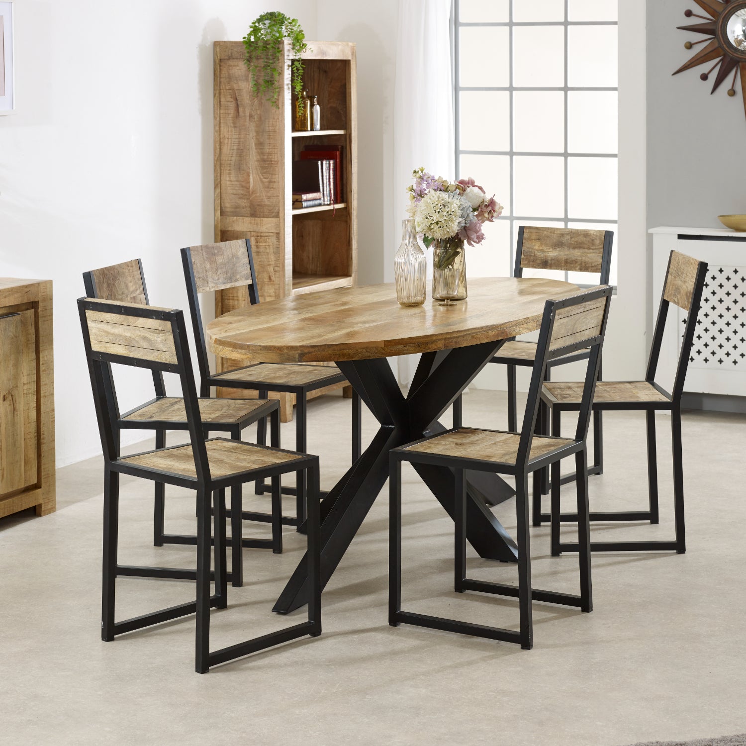 Solid Wood & Metal Oval Dining Table 6-8 Seater
