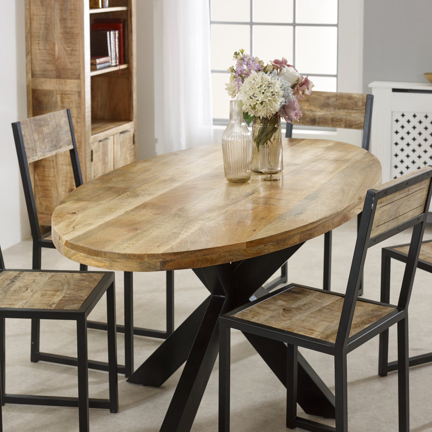 Solid Wood & Metal Oval Dining Table 6-8 Seater