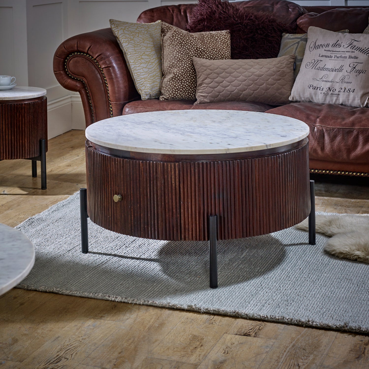 Mango Wood Round Fluted Coffee Table With Marble Top & Metal Legs