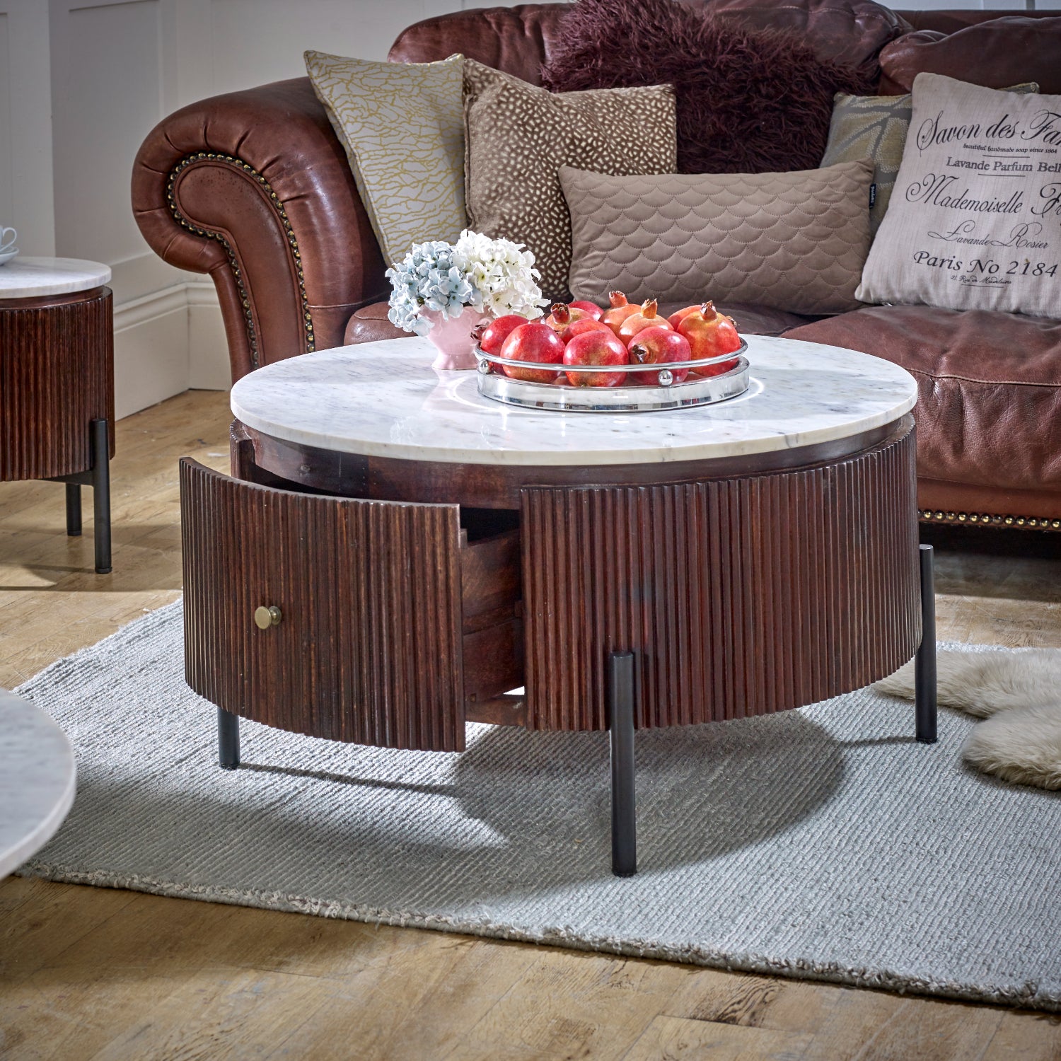 Mango Wood Round Fluted Coffee Table With Marble Top & Metal Legs