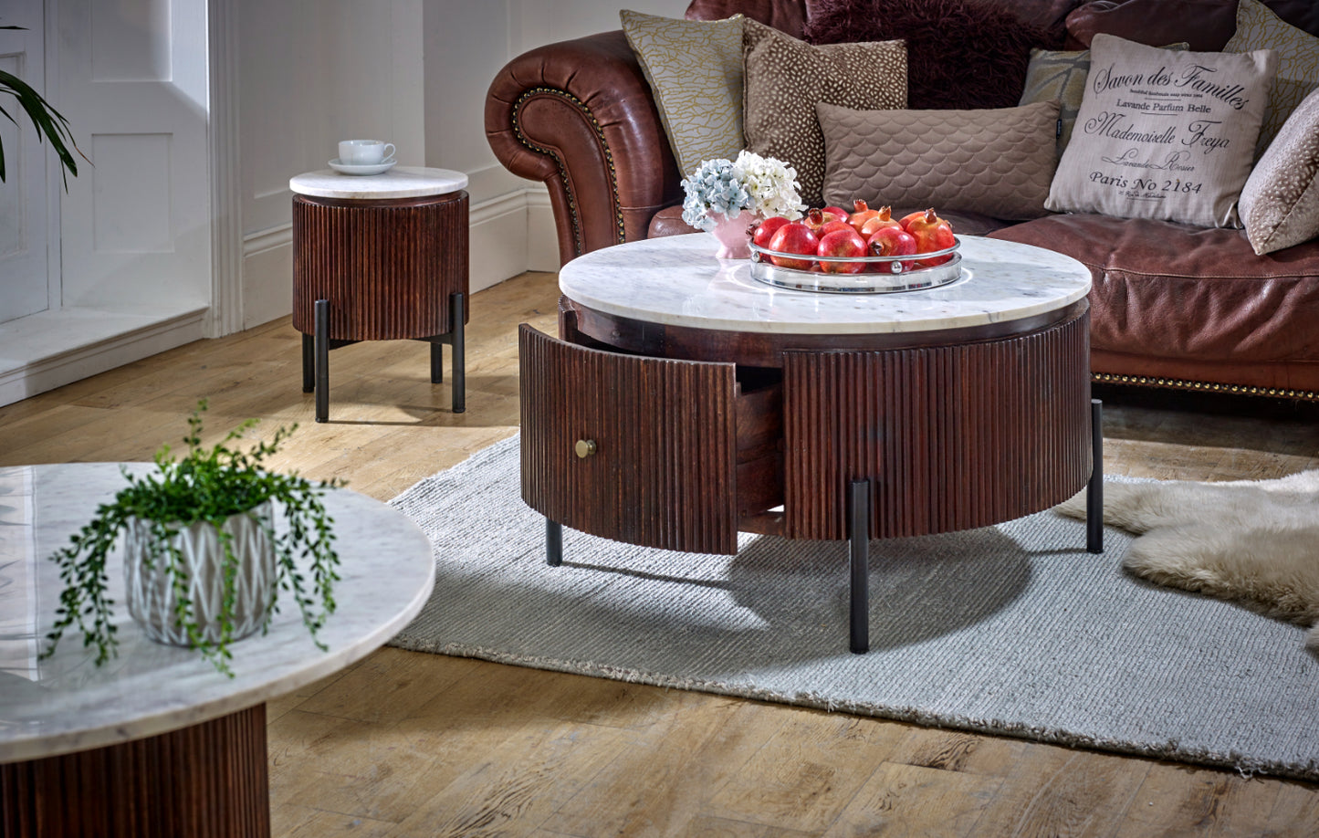 Mango Wood Round Fluted Coffee Table With Marble Top & Metal Legs