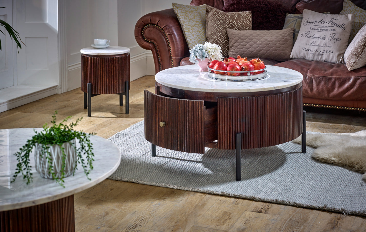 Mango Wood Round Fluted Coffee Table With Marble Top & Metal Legs