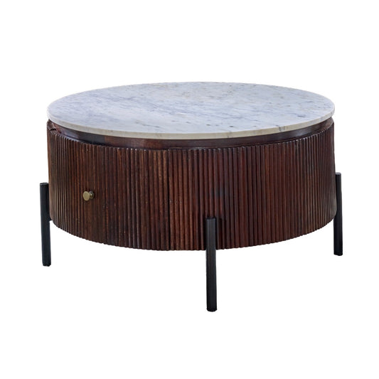 Mango Wood Round Fluted Coffee Table With Marble Top & Metal Legs