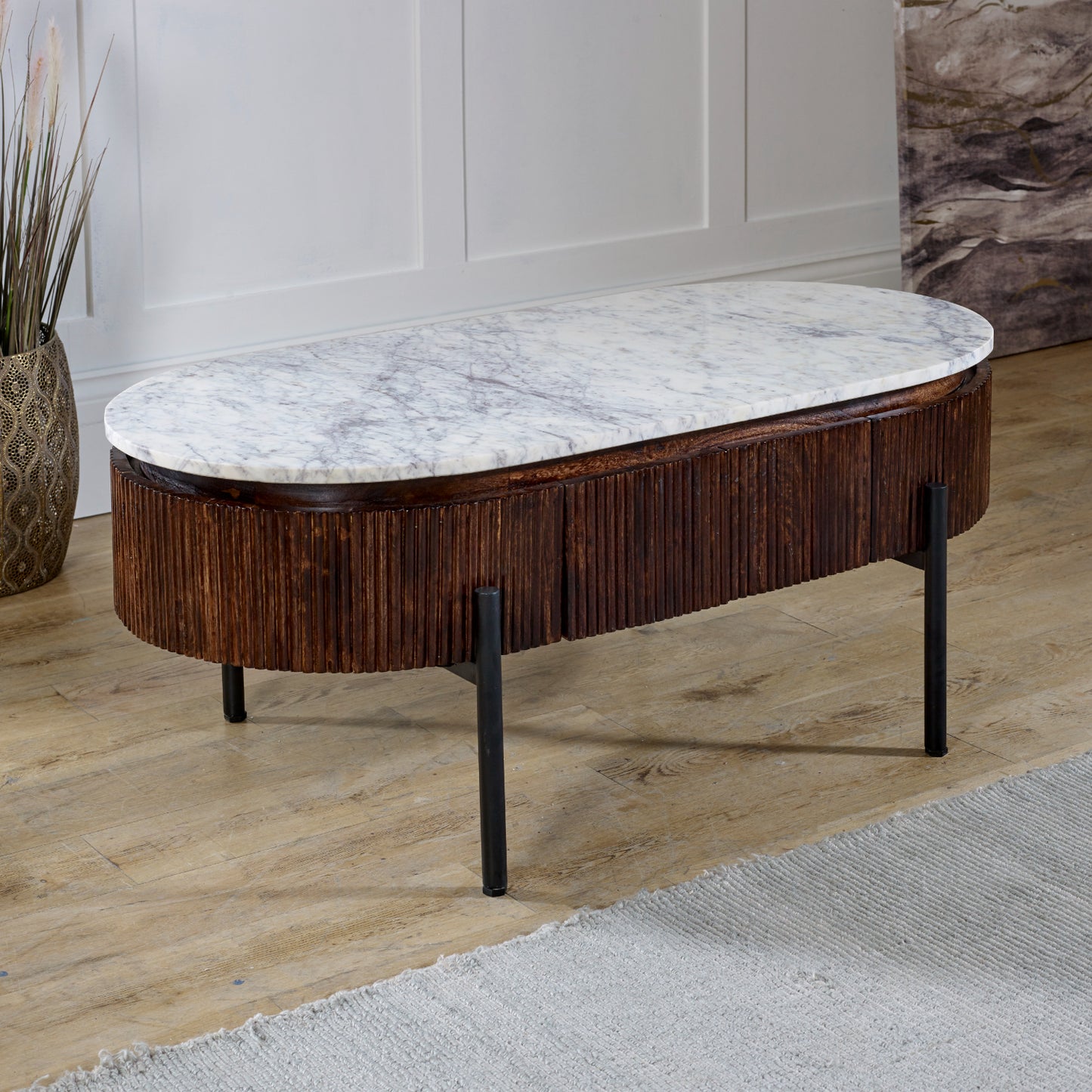 Mango Wood Rectangular Fluted Coffee Table With Marble Top & Metal Legs