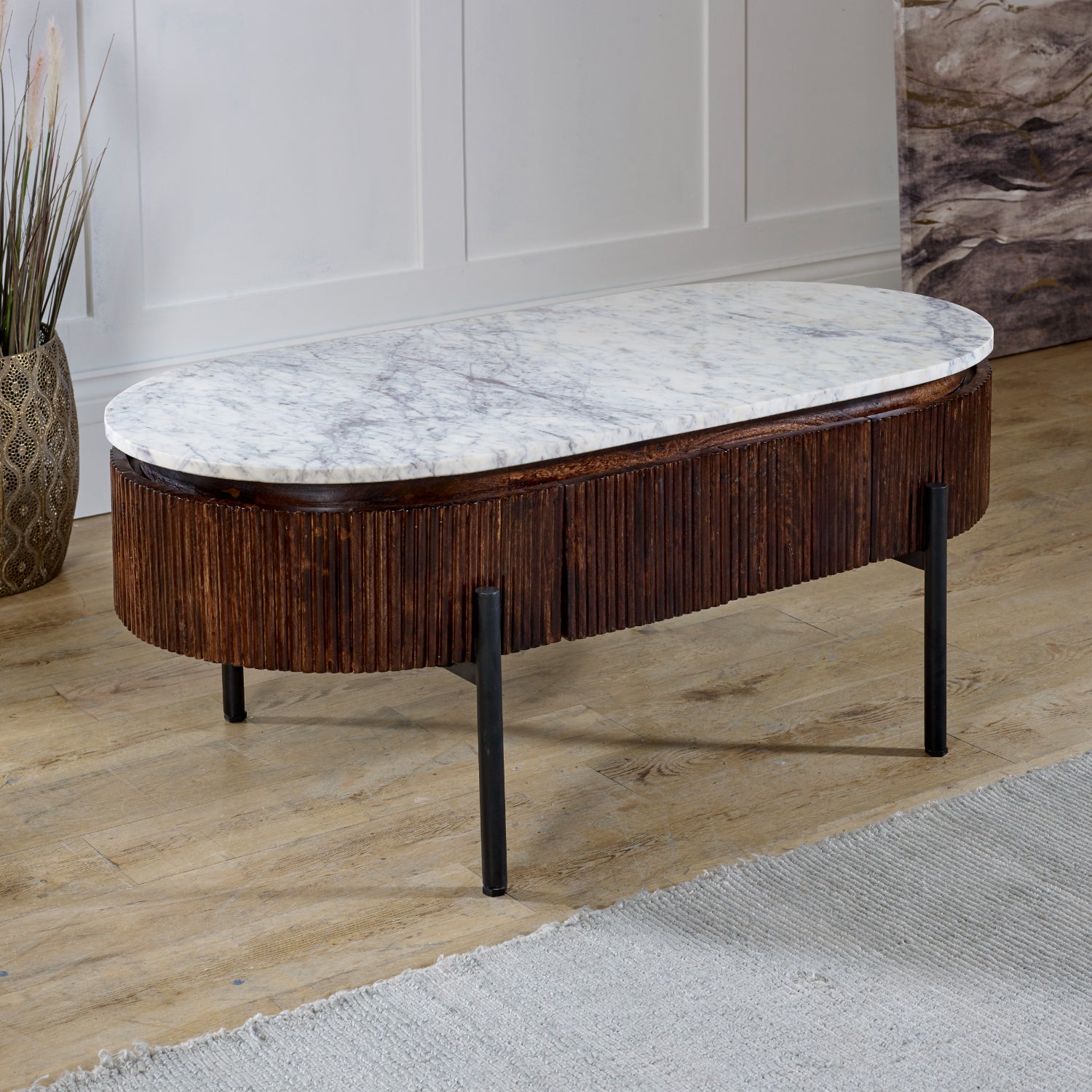 Mango Wood Rectangular Fluted Coffee Table With Marble Top & Metal Legs