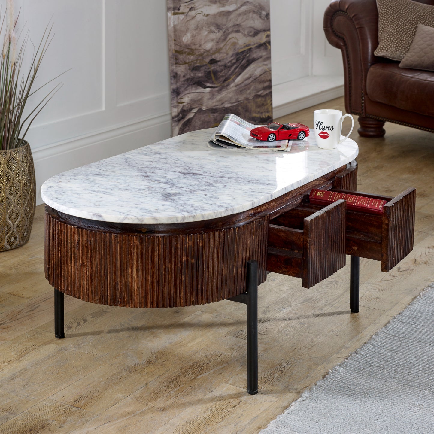 Mango Wood Rectangular Fluted Coffee Table With Marble Top & Metal Legs