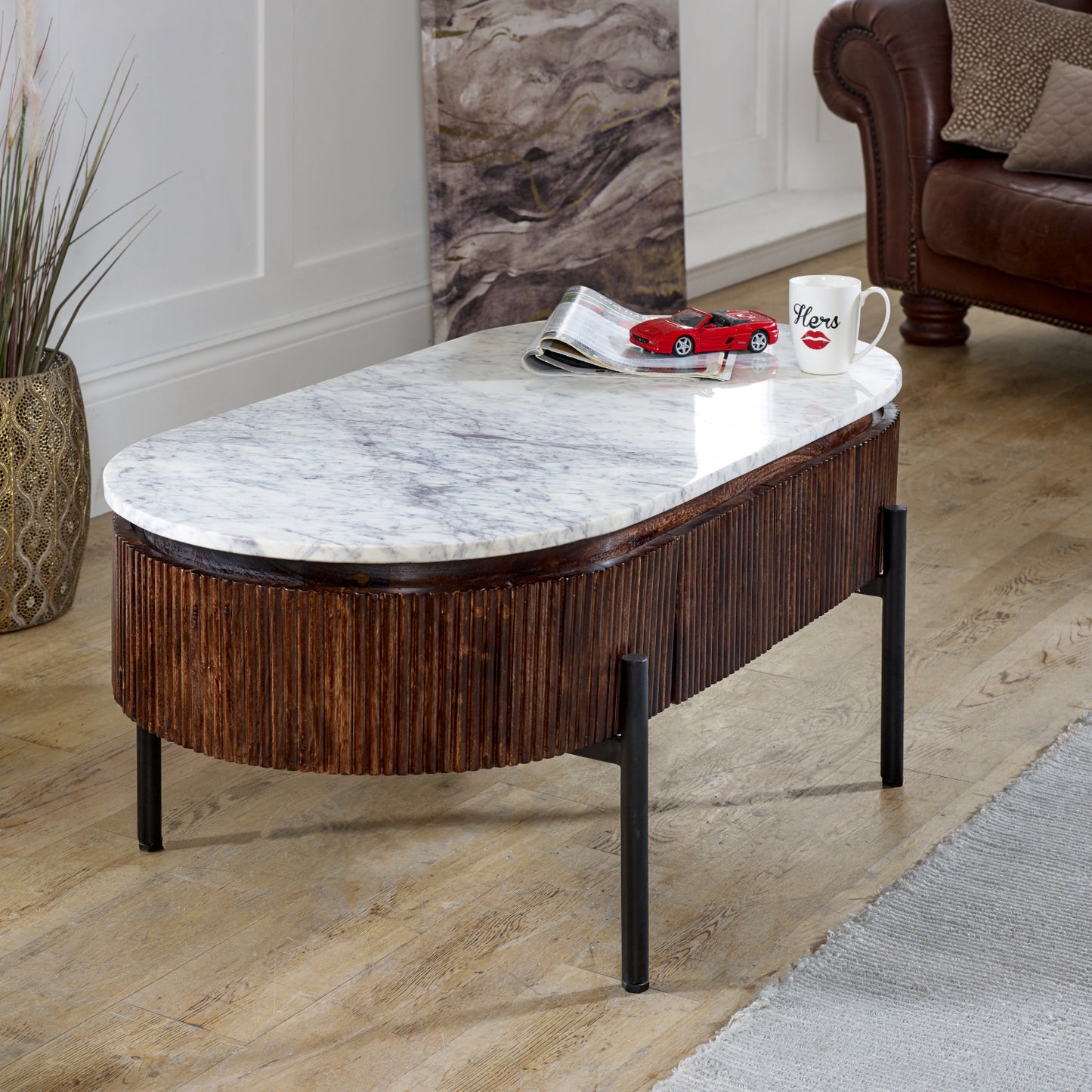Mango Wood Rectangular Fluted Coffee Table With Marble Top & Metal Legs