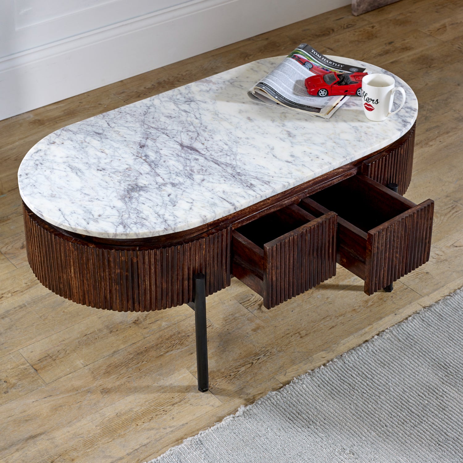 Mango Wood Rectangular Fluted Coffee Table With Marble Top & Metal Legs