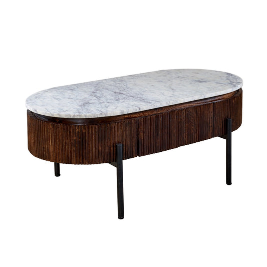 Mango Wood Rectangular Fluted Coffee Table With Marble Top & Metal Legs