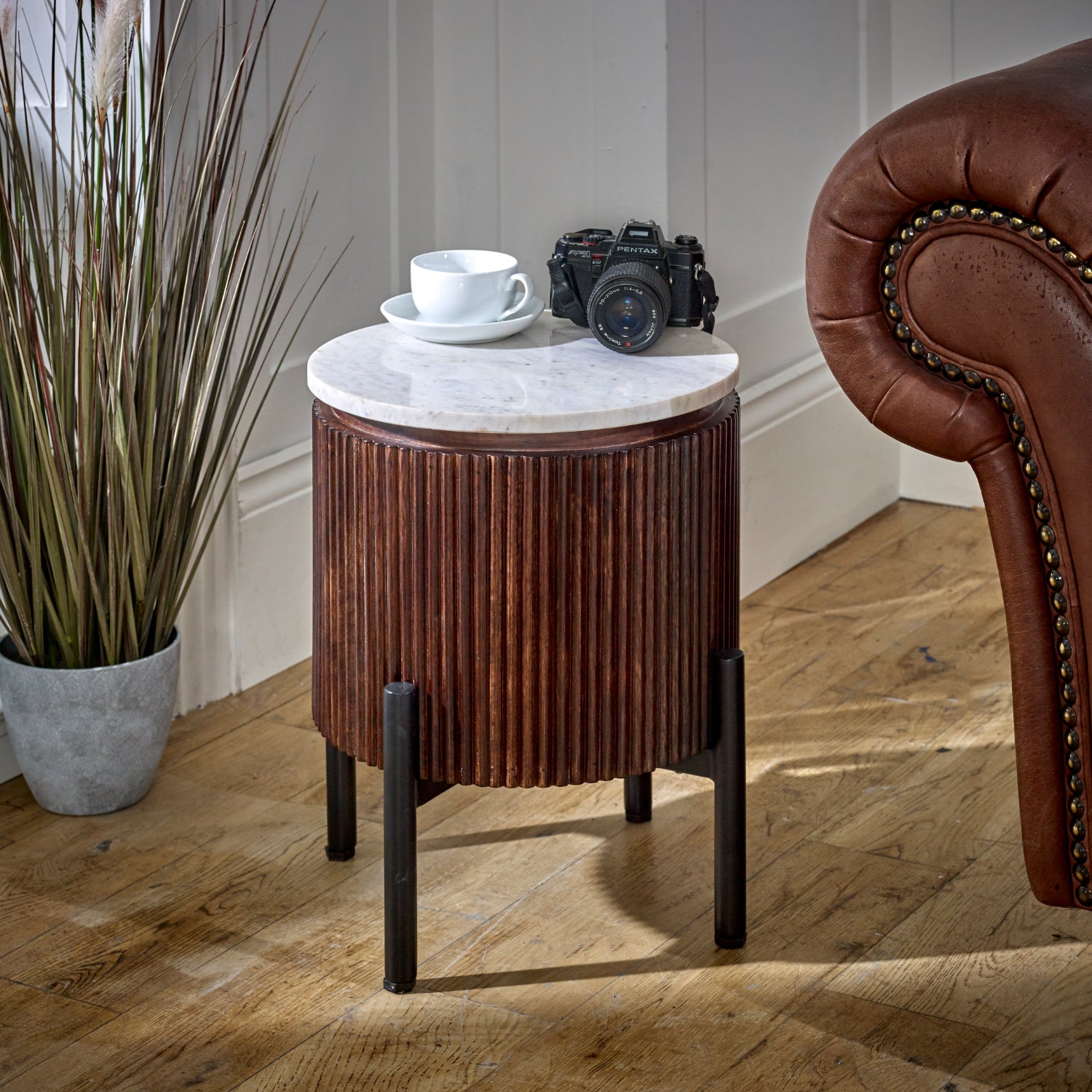 Mango Wood Side Table With Marble Top & Metal Legs