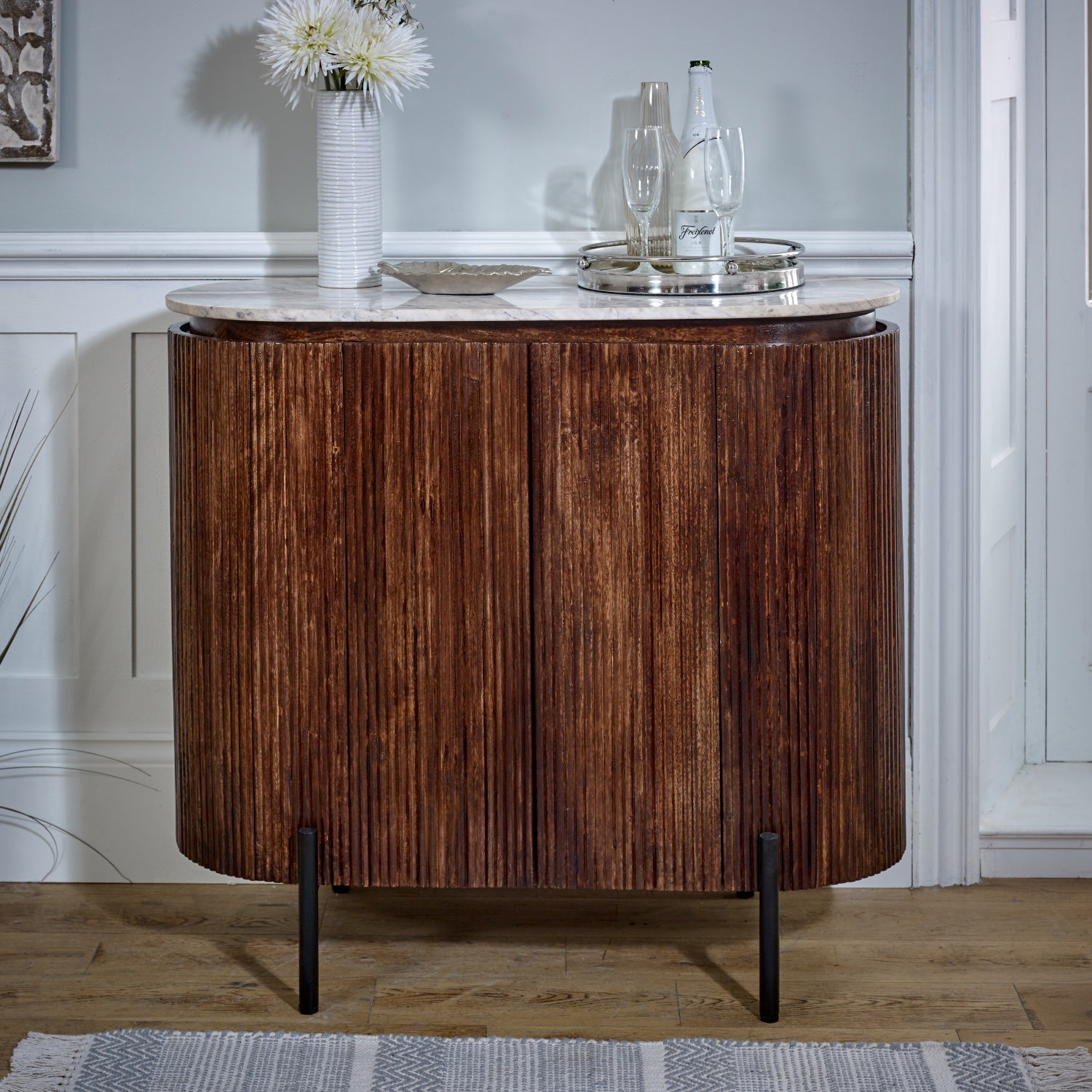 Solid Wood Sideboard/Drinks Cabinet With Marble Top & Metal Legs