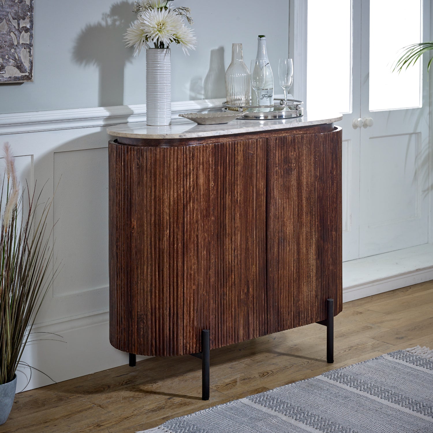Solid Wood Sideboard/Drinks Cabinet With Marble Top & Metal Legs
