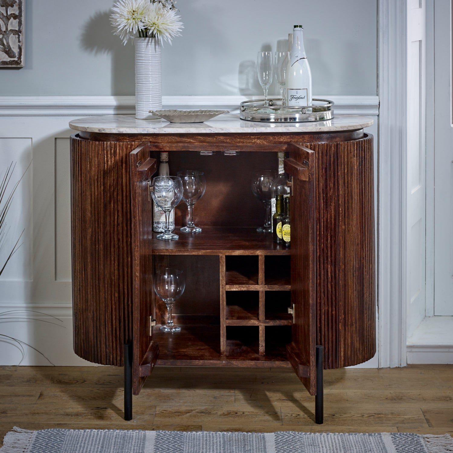 Solid Wood Sideboard/Drinks Cabinet With Marble Top & Metal Legs