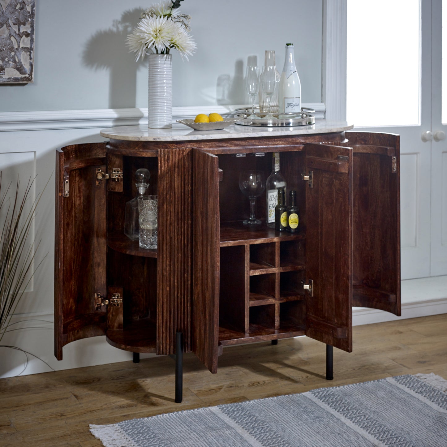Solid Wood Sideboard/Drinks Cabinet With Marble Top & Metal Legs