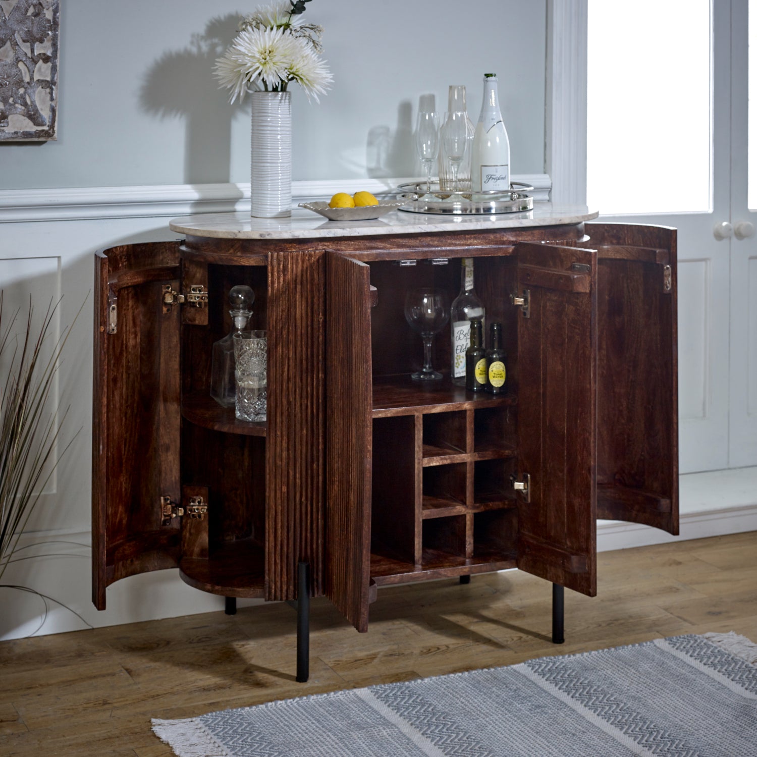 Solid Wood Sideboard/Drinks Cabinet With Marble Top & Metal Legs