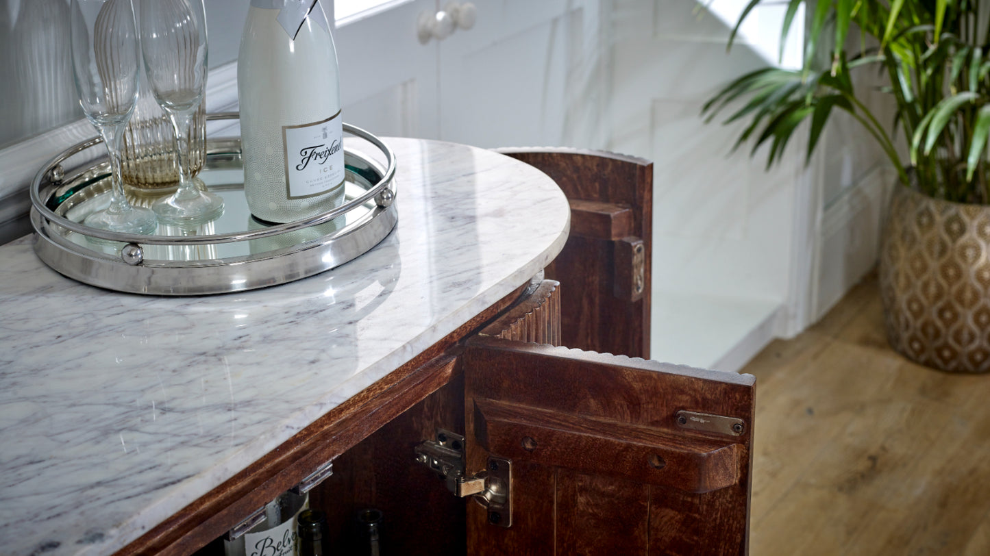 Solid Wood Sideboard/Drinks Cabinet With Marble Top & Metal Legs