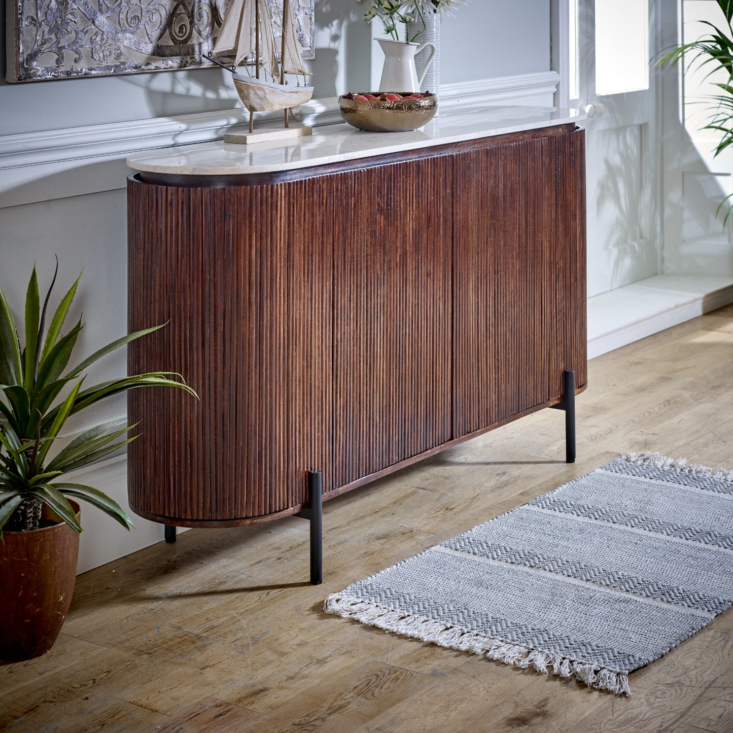 Mango Wood Sideboard With Marble Top & Metal Legs