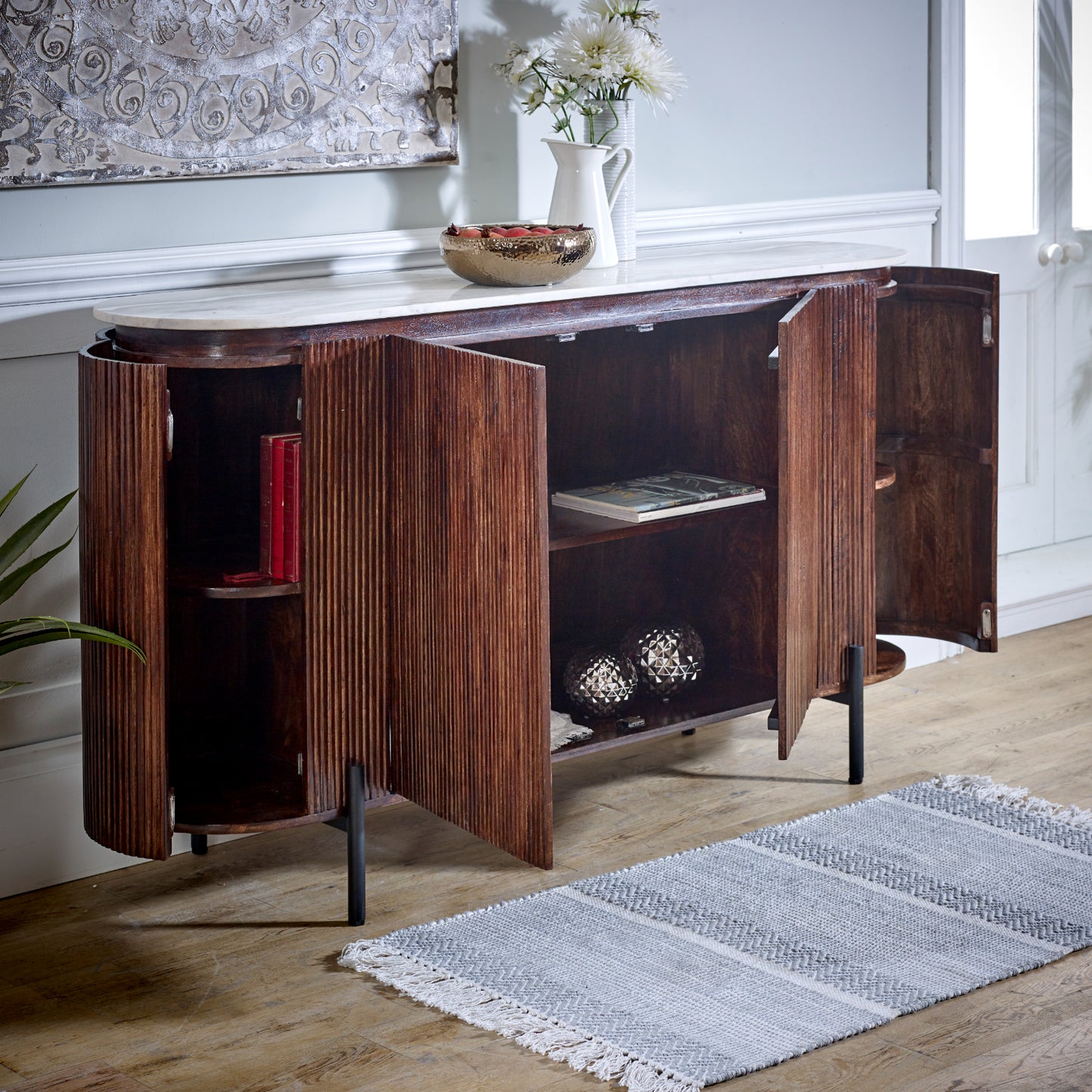 Mango Wood Sideboard With Marble Top & Metal Legs