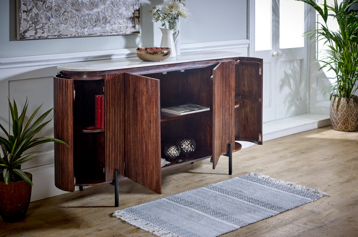 Mango Wood Sideboard With Marble Top & Metal Legs