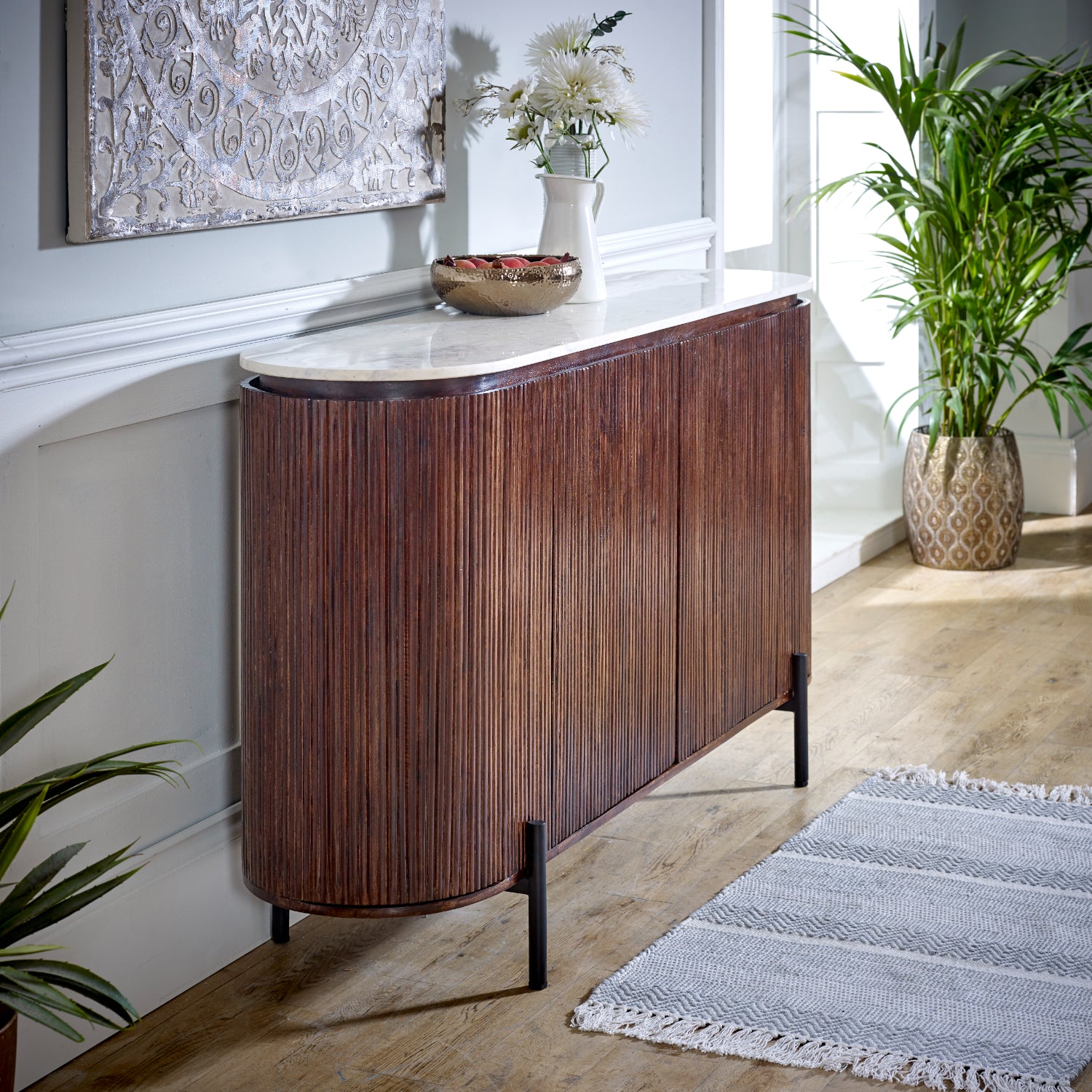Mango Wood Sideboard With Marble Top & Metal Legs