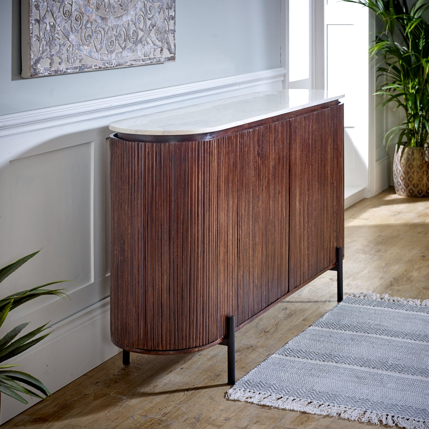 Mango Wood Sideboard With Marble Top & Metal Legs