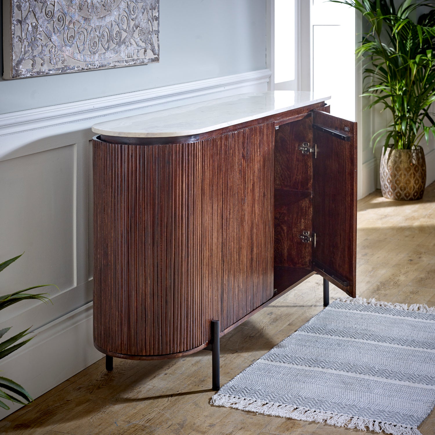 Mango Wood Sideboard With Marble Top & Metal Legs