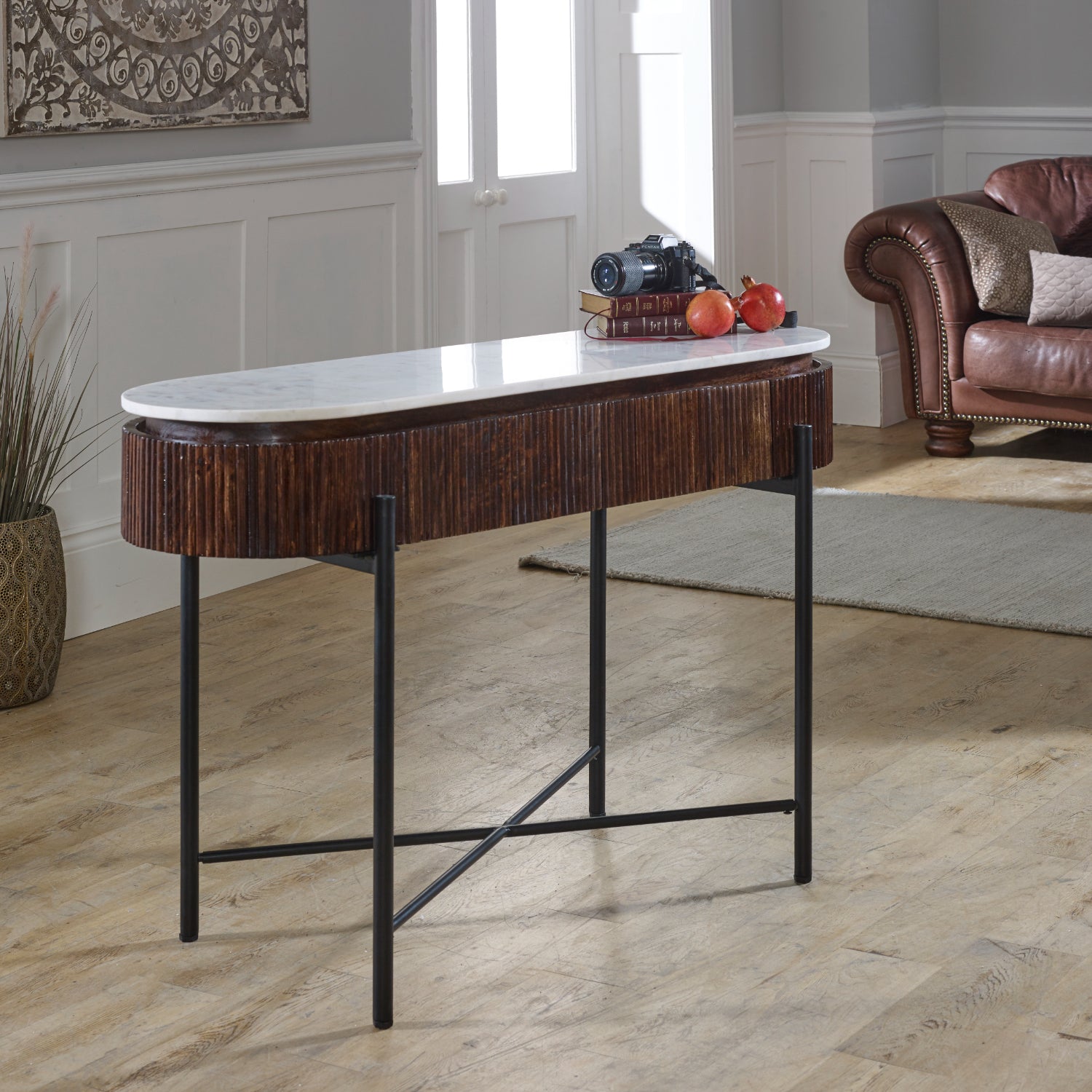 Mango Wood Console Table With Marble Top And Metal Legs