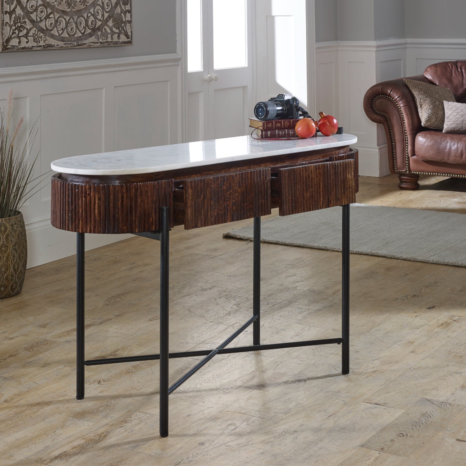 Mango Wood Console Table With Marble Top And Metal Legs