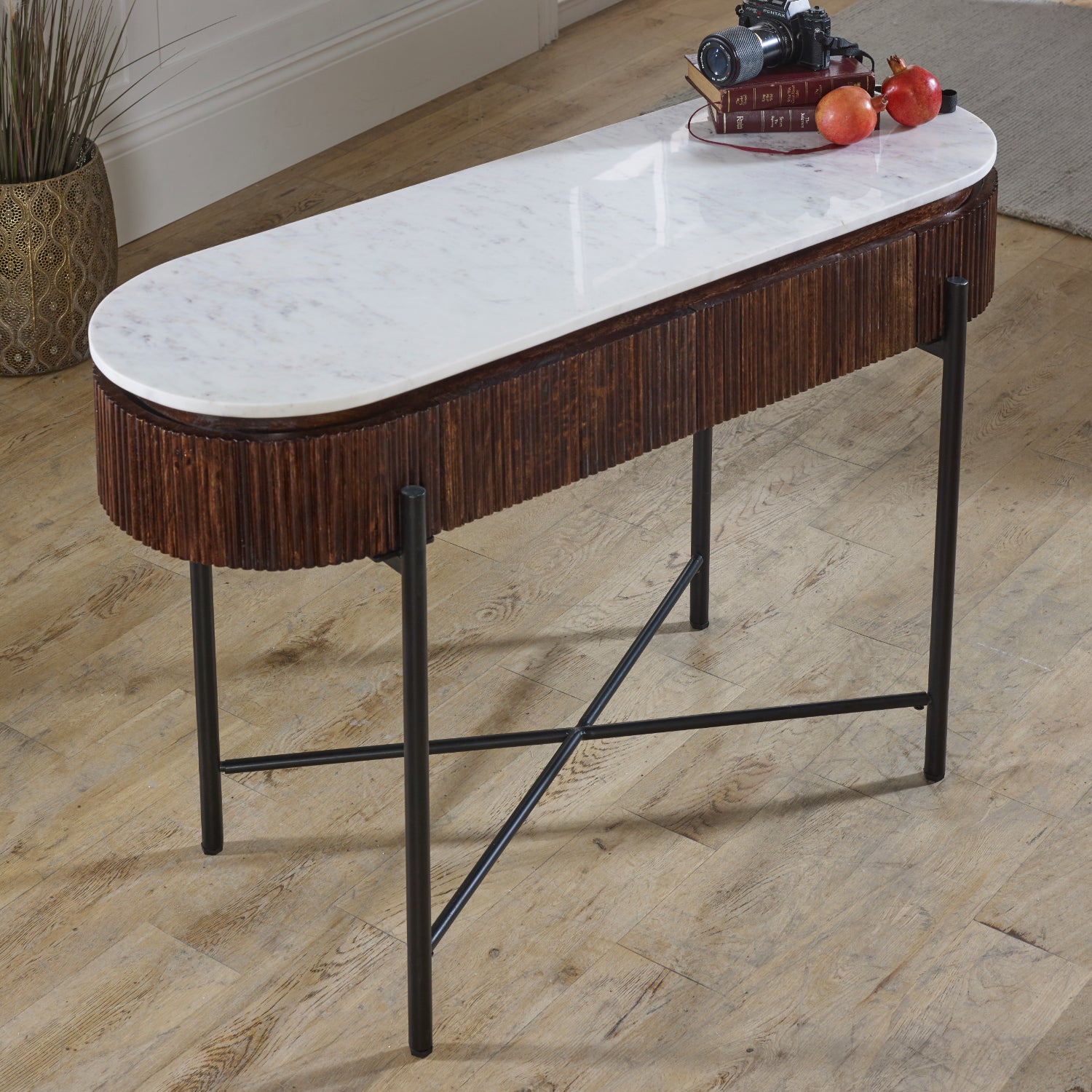 Mango Wood Console Table With Marble Top And Metal Legs