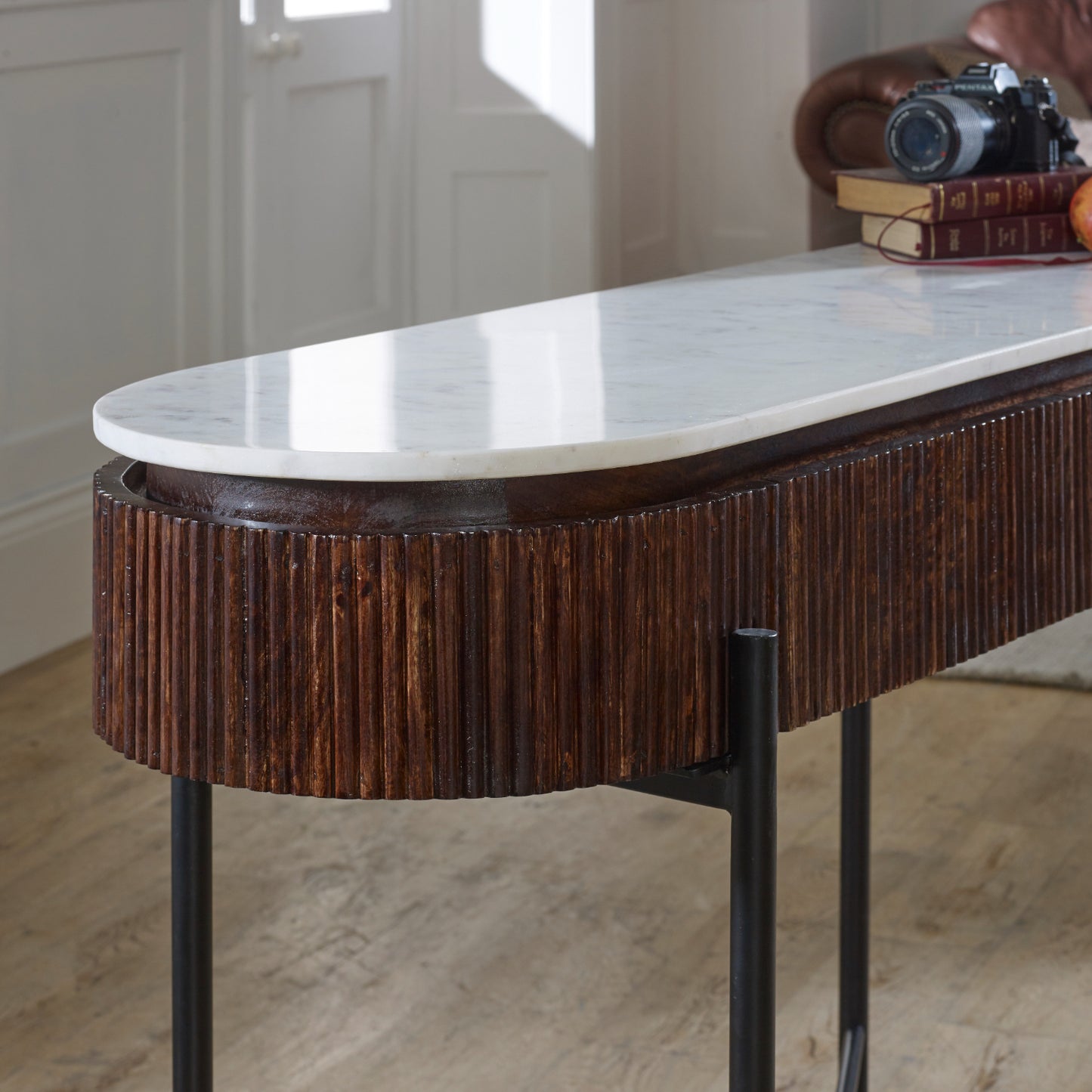 Mango Wood Console Table With Marble Top And Metal Legs