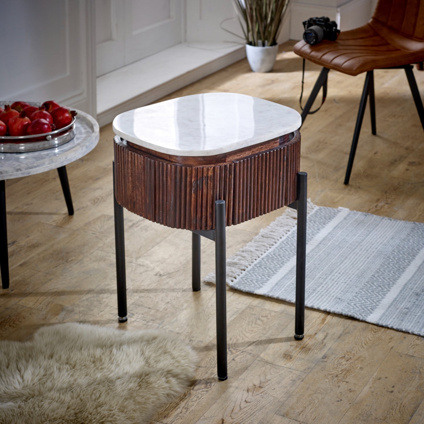 Mango Wood Bedside Table With Marble Top & Metal Legs