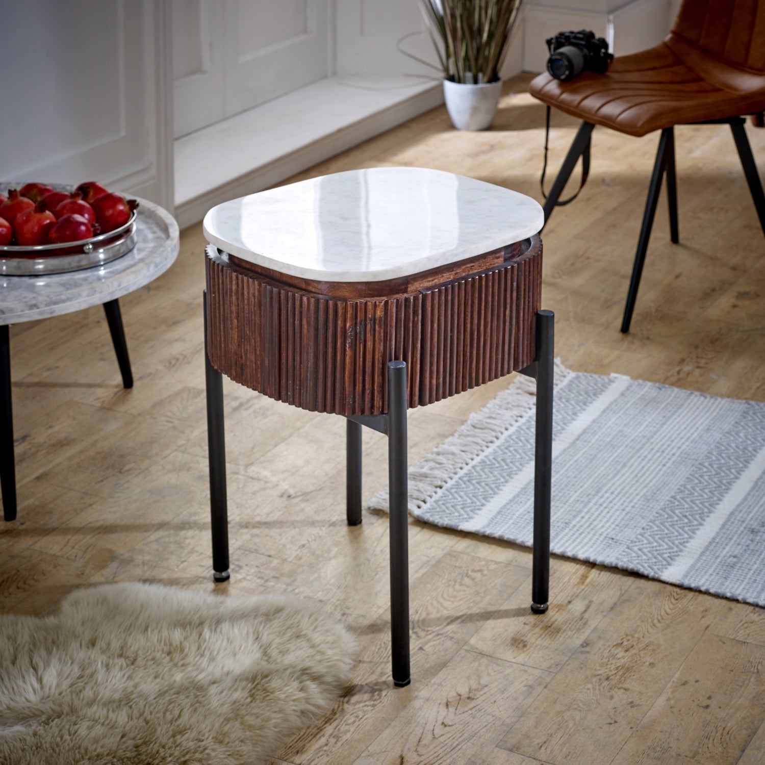 Mango Wood Bedside Table With Marble Top & Metal Legs
