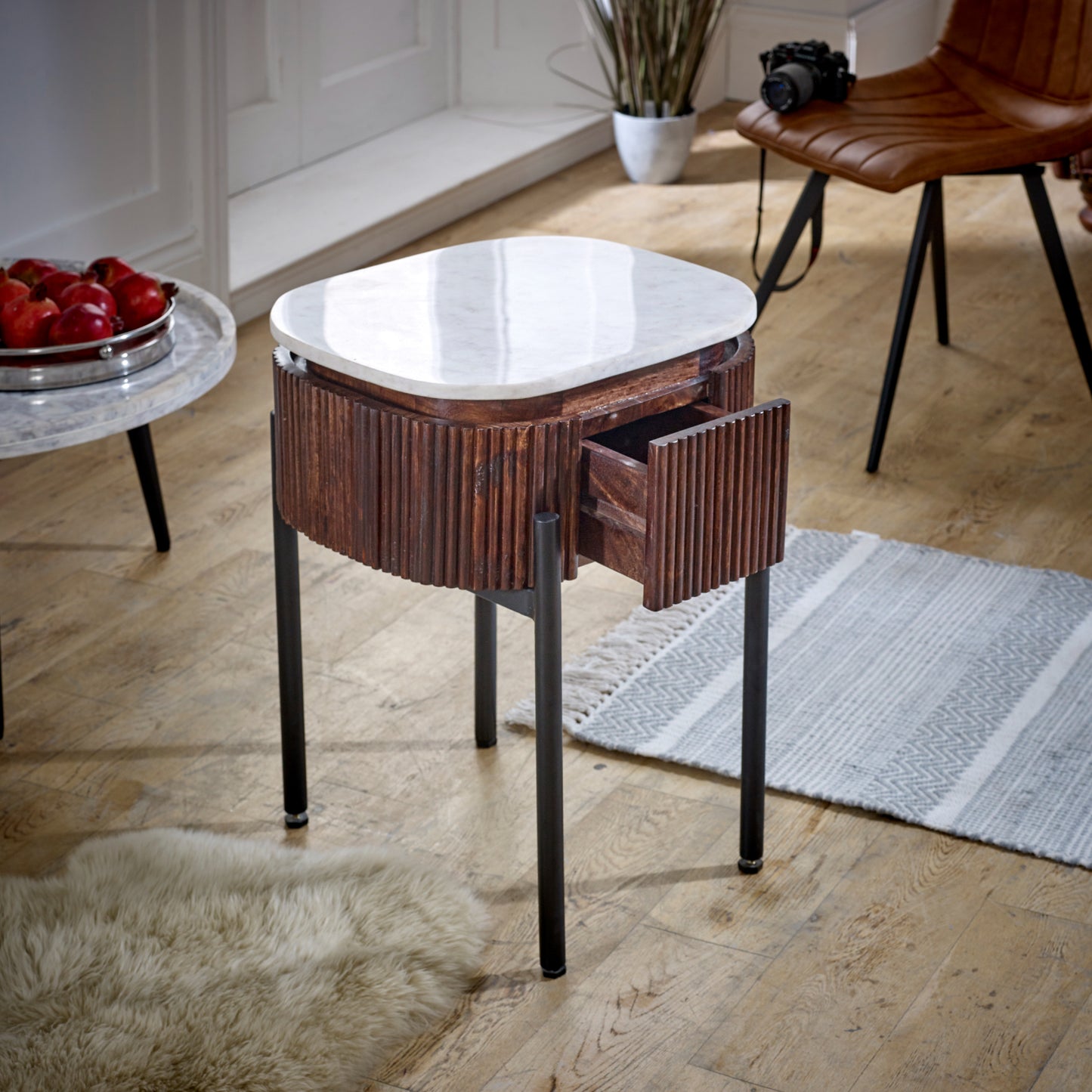 Mango Wood Bedside Table With Marble Top & Metal Legs