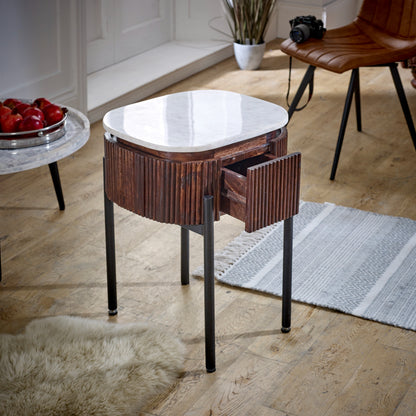 Mango Wood Bedside Table With Marble Top & Metal Legs